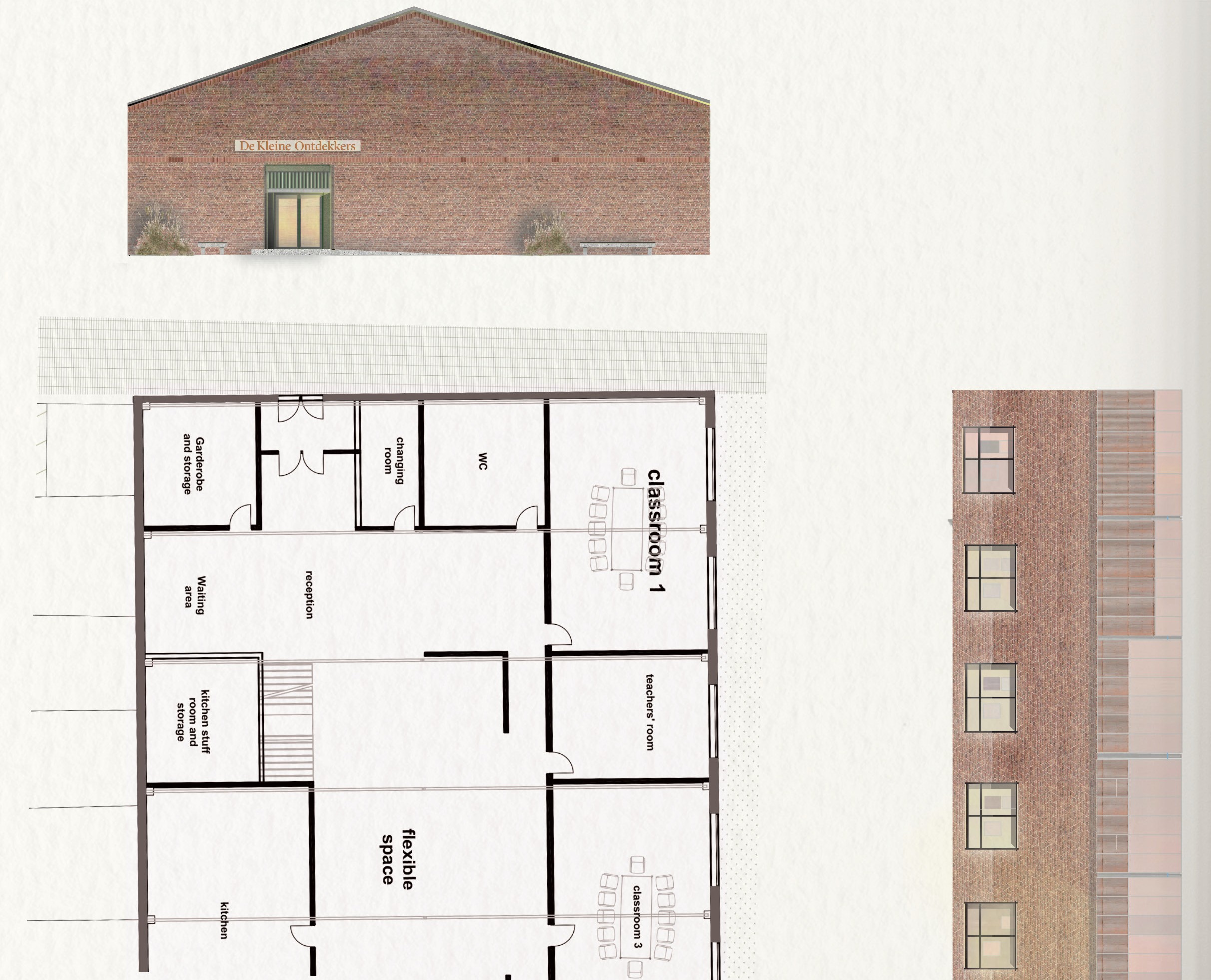 Community building elevation and plan